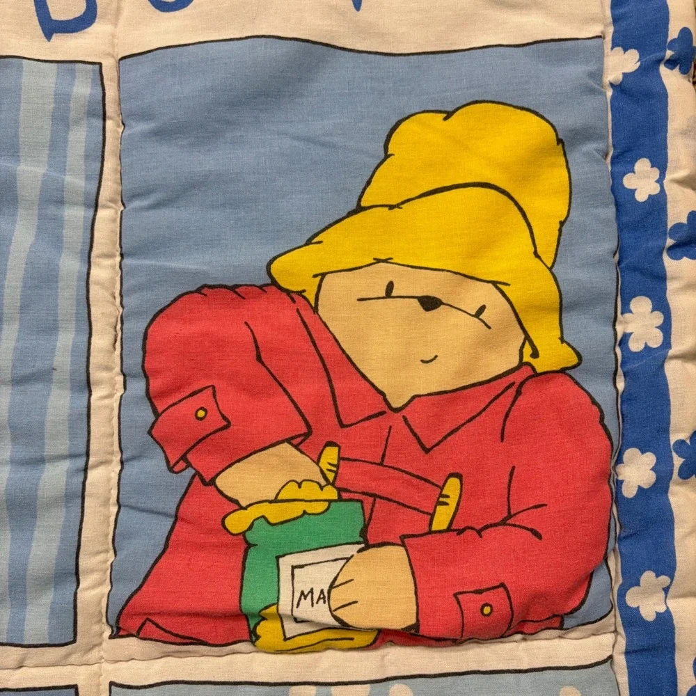 Vintage Paddington Bear Quilted Baby Blanket Nursery Wall Hanging Blue White v